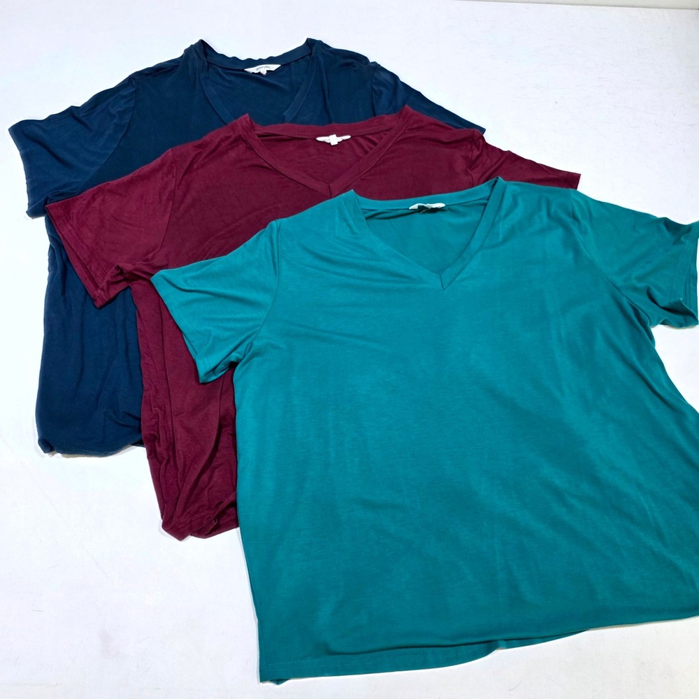Amaryllis V-Neck T-Shirt Bundle Women 2X Teal Maroon Navy Blue Stretch 3 Pack